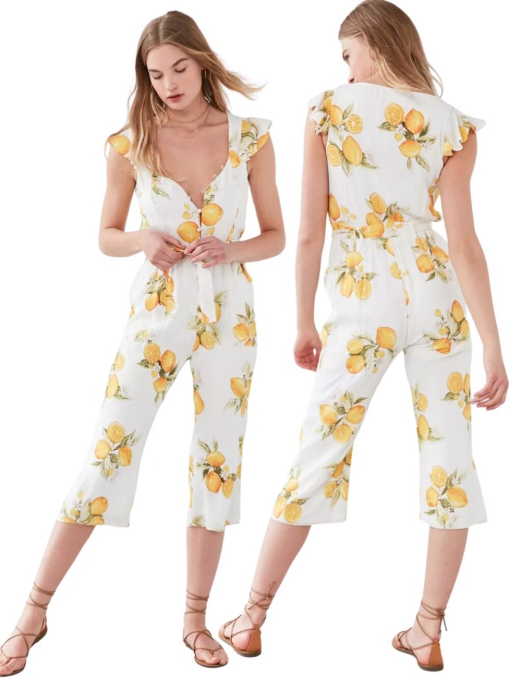 For Love & Lemons Limonada Tie-Front Jumpsuit Women's Medium White Lemon Print
